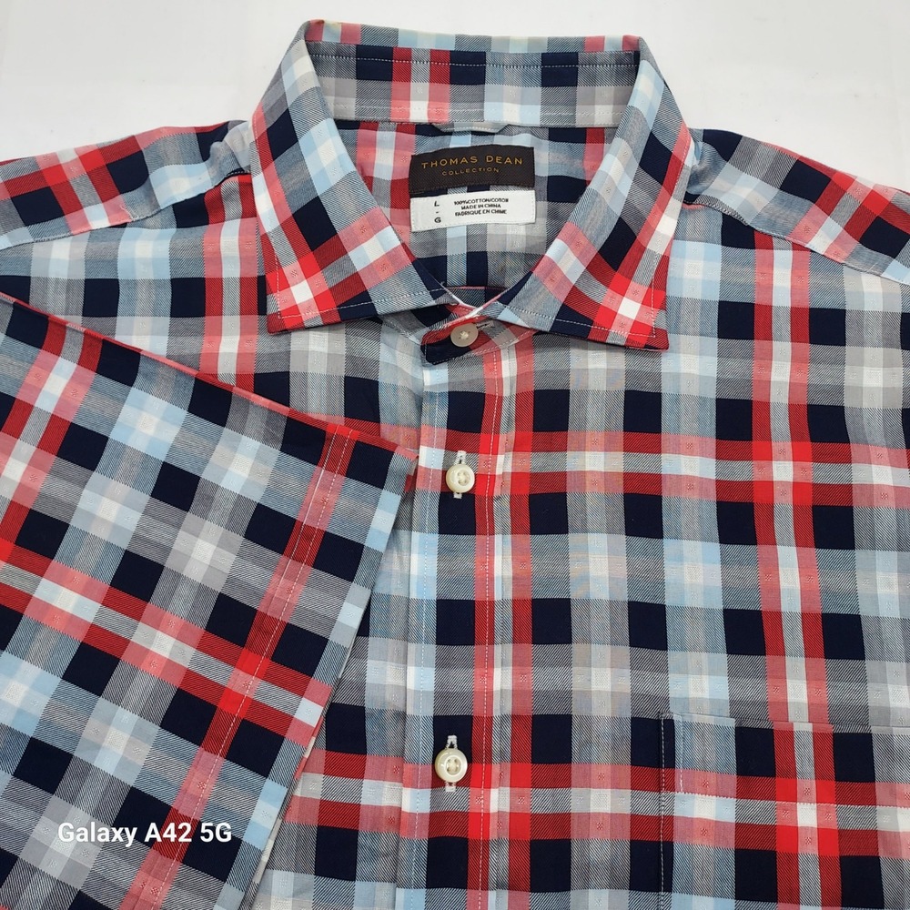 Thomas Dean Collection Mens Large‎ Plaid Short Sleeve Button Up Shirt Red Blue
